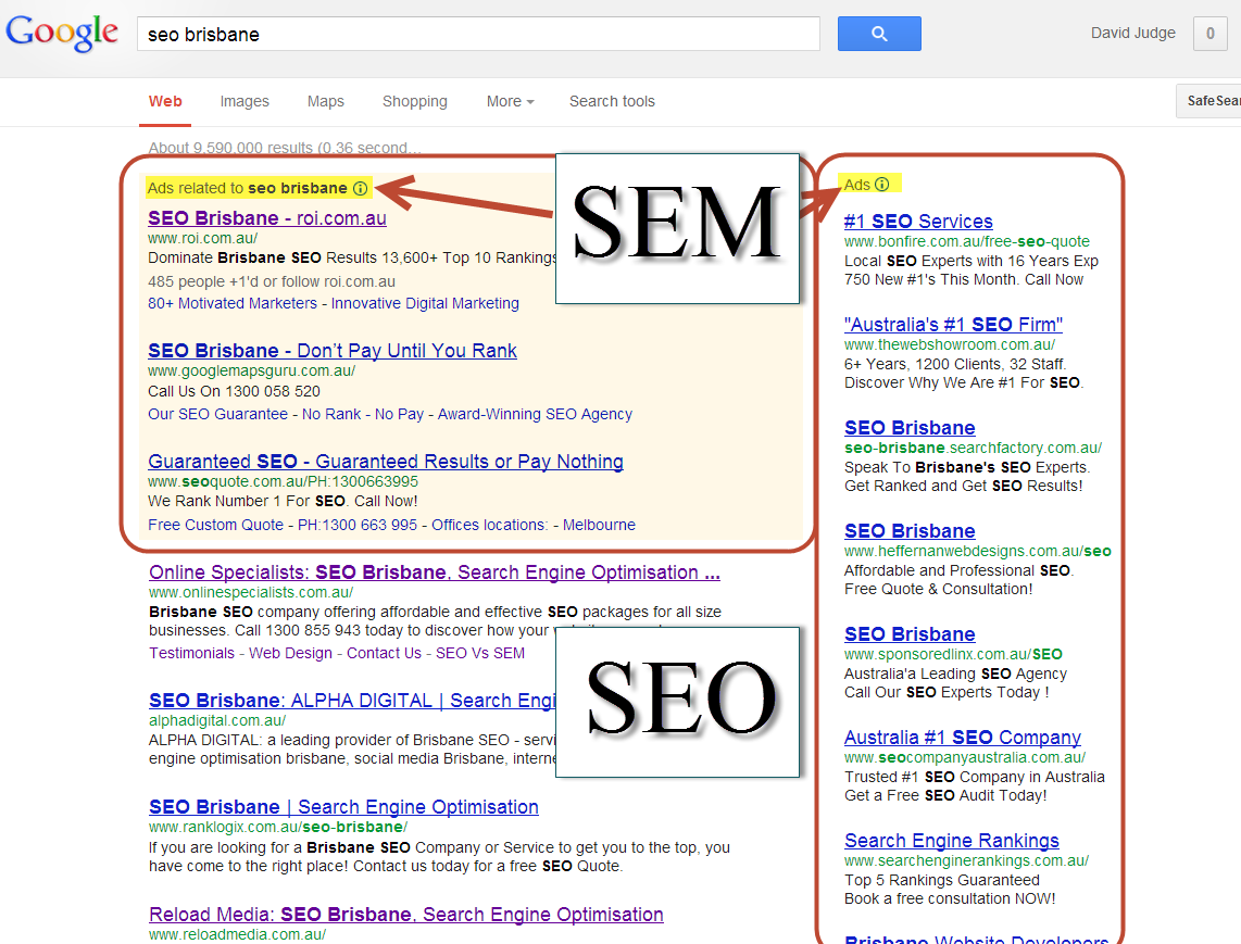  SEO and SEM as seen in Google's search results